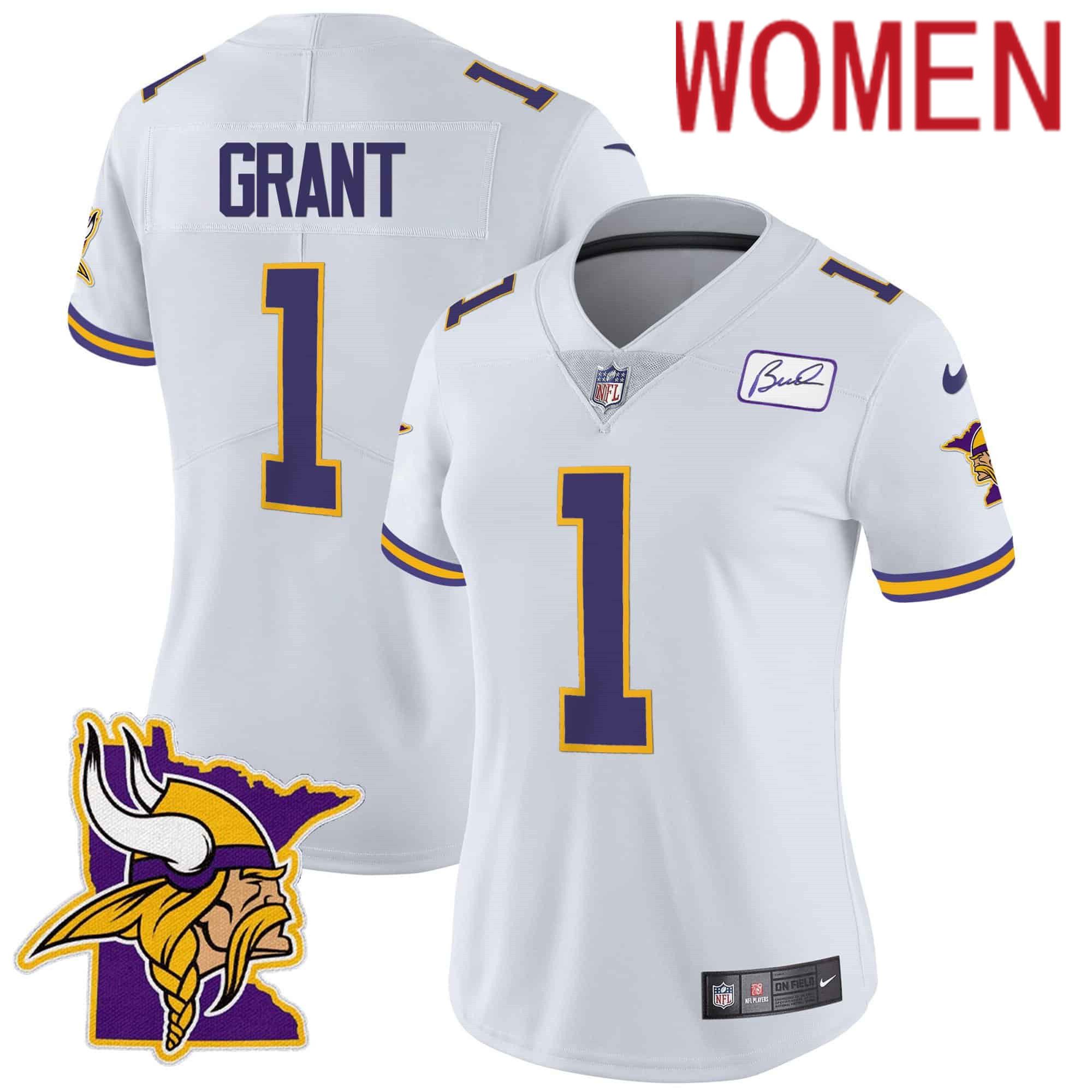 Women Minnesota Vikings 1 Grant White 2024 Nike Patch Classic Limited NFL Jersey